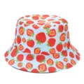 Cute strawberry print bucket hat in light blue, casual cotton sun hat for summer outdoor daily wear. - M (56-58cm) / Strawberry Blue