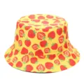 Yellow bucket hat featuring an all-over red strawberry print, casual outdoor sun hat. - M (56-58cm) / Strawberry Yellow