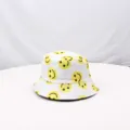 White bucket hat with yellow smiley face print, casual sun protection basin hat for outdoor. - One Size / White