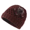 Women winter warm knitted beanie hat with plush pompom rhinestone flower decoration brown - One Size / Coffee