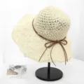 Sombrero de paja tejido para mujer, plegable, transpirable con lazo de cuero marrón. - Ajustable / Amarillo Crema