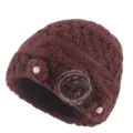 Brown knitted winter hat for elderly women with plush pom pom and pearl decoration variant. - One Size / Pearl Coffee