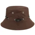 Closeup of brown bucket hat detail showing adjustable drawstring and metal eyelets for ventilation. - L (58-60cm) / Coffee