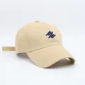 Detailed view of the beige baseball cap with blue embroidery, featuring adjustable strap. - Dark Khaki
