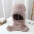 Cozy knitted hooded scarf set in camel plush yarn, fleece lined winter warm beanie hat. - One Size / Chocolate