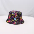 Colorful graffiti print bucket hat, stylish black cotton sun protection cap for outdoor. - Retro Style 9