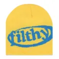 Vista detallada del gorro de punto de invierno amarillo brillante con patron ovalado. - Talla única / Amarillo