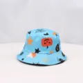 Blue Halloween bucket hat with cute pumpkin and spider print for outdoor sun protection. - Blue