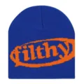 Stilvolle blaue Strickmütze Winter warme Mütze mit orangem Filhy Buchstaben Design für Damen - Einheitsgröße / Blau