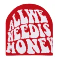 Detailed close-up view of the red knitted winter beanie showcasing woven text and cozy texture. - Red