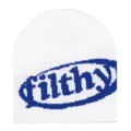 Gorro de punto blanco con patrón de letras filthy azules y diseño ovalado en detalle. - Talla única / Blanco