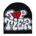Black winter knitted beanie hat with stylish white letter graphic and red heart design for men women - Black