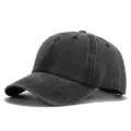 Detalle de gorra de béisbol de mezclilla lavada vintage, sombrero de sol gris oscuro para exteriores. - Negro