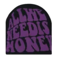 Black knitted beanie hat with purple letter knit design, casual warm winter headwear. - Black