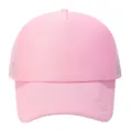 Pink solid trucker hat detail view, breathable mesh snapback cap for summer outdoor sun. - Adjustable / Pink