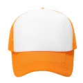 Close-up detail of the orange and white mesh trucker hat showing breathable fabric and neat seams. - Adjustable / Orange and White