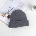 Dark grey ribbed knitted beanie hat for daily wear, solid color casual winter warm cap. - One Size / Marl Grey