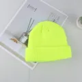 Neon yellow knitted beanie hat winter solid color warm ribbed skull cap unisex casual style - One Size / Neon Yellow