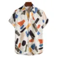 Détail chemise manches courtes imprimé abstrait, haut homme été revers style décontracté. - S / Hauts / Impression Peinture à l'Huile Graffiti (HJ-jk002)