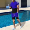 Completo sportivo uomo estate colorblock stampa 3d maglietta manica corta e pantaloncini - Taglia M / Top e Pantaloni / Blu