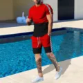Completo estivo uomo tuta sportiva t-shirt manica corta e pantaloncini blocco colore scacchi - Taglia M / Top e Pantaloni / Rosso