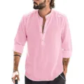 Mens casual long sleeve linen shirt mandarin collar light pink button down summer top detail - Pink