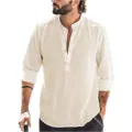Men's casual loose stand collar long sleeve linen shirt detail view, breathable fabric. - Apricot