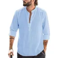 Locker geselliges hellblaues Herren Leinen Langarmhemd mit Stehkragen für bequemen Alttagslook. - M / Oberteile / Hellblau