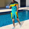 Completo da uomo con t-shirt a maniche corte e pantaloncini a blocchi di colore estivo - Taglia S / Top e Pantaloni / Parte superiore nera e parte inferiore blu lago