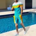 Herren Sommer Colorblock Freizeit T-Shirt und Shorts Set, trendiges geometrisches Design. - Oben Weiß unten Seeblau