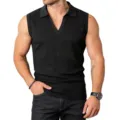 Men's slim fit ribbed sleeveless polo shirt casual V-neck knit vest summer streetwear top - S / Tops / Black