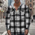 Camicia Giacca Flanella Maniche Lunghe con Cappuccio Nero Bianco Uomo Stile Casual - Taglia S / Nero