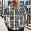 Men's gray plaid hooded flannel shirt casual button down long sleeve streetwear jacket - Light Gray
