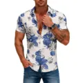 Men short sleeve casual button up shirt blue white floral hawaiian summer beach top - M / Tops / Blue White Print