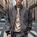 Men's fleece-lined colorblock varsity jacket casual button-up baseball coat grey - S / Gray