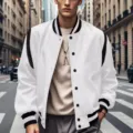 Men fleece lined colorblock varsity jacket, stylish casual button down baseball coat. - 3XL / White