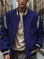 Men's purple color-blocked casual fleece-lined baseball jacket variant, stylish street wear - 3XL / Blue