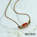 Colorful braided evil eye hexagonal prism necklace with red and green enamel and sparkling stones. - Red Green Gold Multicolor Hexagonal Prism Style (NE2720-D)