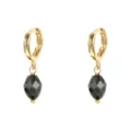 Elegantes pendientes de aro dorados con colgantes de piedra preciosa negra facetada. - Pendientes Colgantes Gema Negra