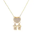 Detail view of a gold-plated heart and twin girls pendant necklace sparkling with cubic zirconia. - Full Rhinestone Heart Double Girl Style (NE2534-D)