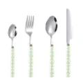 Stainless steel cutlery set with light green pearl handles including knife, fork and spoons. - Qiao Green