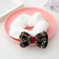 Plush hair scrunchie with tweed bowknot, soft winter hair tie for women and girls daily wear. - White Scrunchie + Black Bowknot