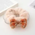 Plush hair scrunchie with tweed bow knot autumn winter elegant hair tie accessory - Light Pink Scrunchie + Orange Bowknot