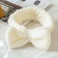 White plush facial headband with cute bow, soft spa makeup hair band for women and girls daily. - Cream