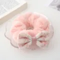 Pink plush hair scrunchie with tweed bow, cute winter hair accessory for women and girls. - Dark Pink Scrunchie + Pink Bowknot