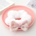 Plush hair scrunchie with pink tweed bow detail, soft autumn winter hair accessory for women. - White Scrunchie + Pink Bowknot