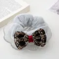 Grey plush hair scrunchie with tweed plaid bow winter cute hair accessory for women. - Gray Scrunchie + Black Bowknot