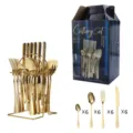 Set di posate dorate in acciaio inossidabile da 24 pezzi con supporto e scatola regalo. - Acciaio inossidabile 410 / Oro