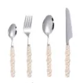 Stainless steel flatware set with elegant pearl bead handles, including knife, fork, and spoons. - Pearl Color