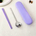Set di posate portatili con cucchiaio, bacchette e custodia per viaggi, scuola e uso quotidiano. - Set di Bacchette e Cucchiaio / 21cm / Viola